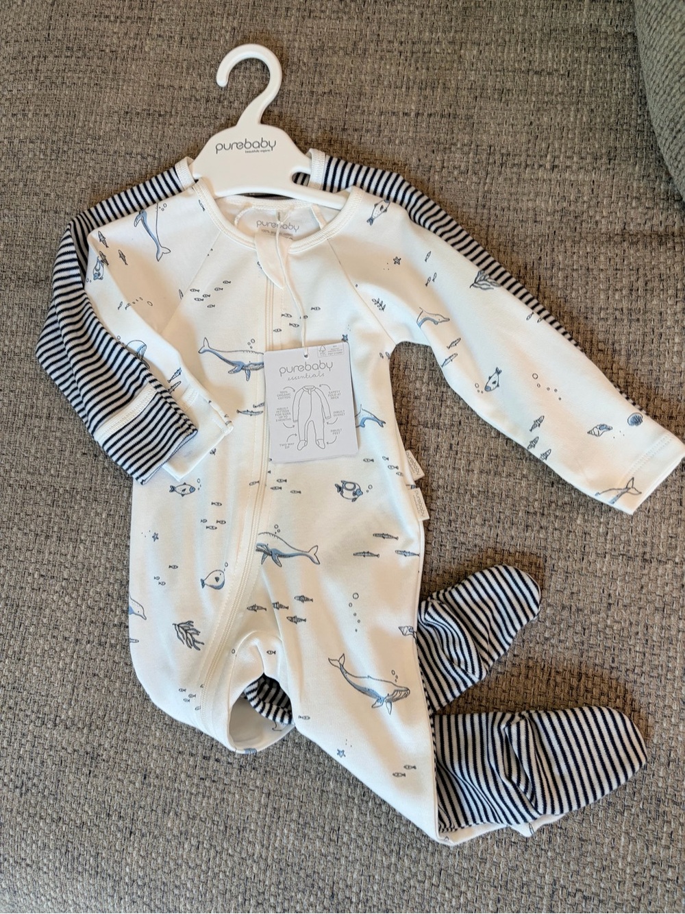purebaby White & Navy Nautical Zip Growsuit